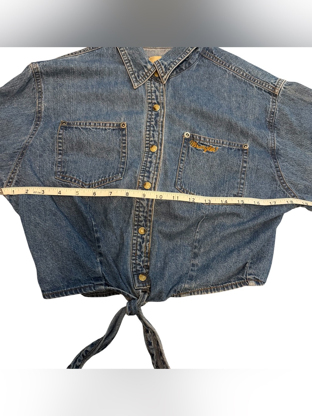 Wrangler ~ Blue ~ Denim ~ Waist Length Shirt w/ Tie at Waist. Size Medium/Large. - Picture 12 of 16